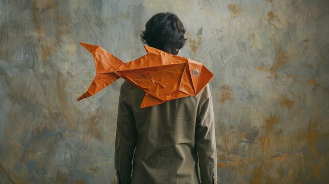 Naklejki Man with a paper fish around his neck on a dark background.Ai generated