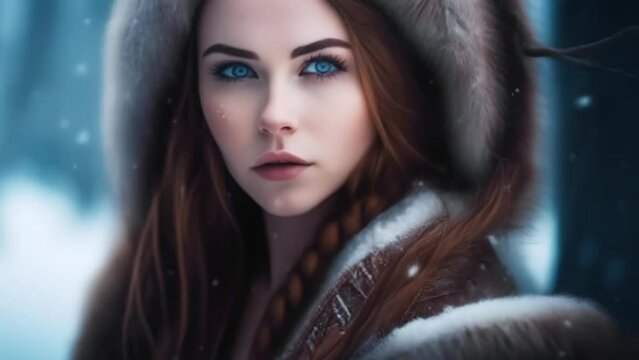 portrait of furred ancient  woman in winter, fantasy character, Generative AI,
