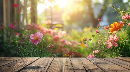 Wood table top on blur of window with garden flower background in morning