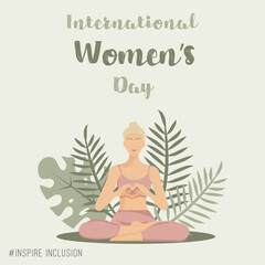 Obraz na płótnie Canvas International Women's Day poster. Inspire inclusion 2024. A girl in the lotus position. The arms are in the shape of a heart.