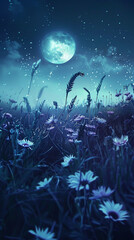 Obraz na płótnie Canvas Jury captures the haunting beauty of a moonlit field, where flowers bloom amidst shadows, whispering of forgotten dreams.