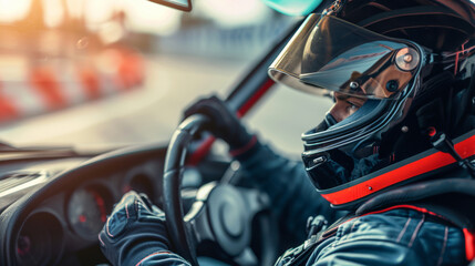 A racer, clad in a helmet, skillfully maneuvers a sleek sports car around a winding track. - obrazy, fototapety, plakaty
