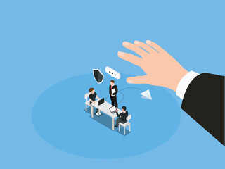Company business team with a big hand above 3d isometric vector illustration
