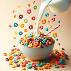 Colorful cereal falling into pouring milk on plain background
