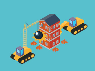 Destruction of the house with the help of excavators 3d isometric vector illustration
