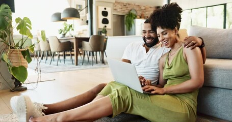 Couple, high five and laptop in home for excited celebration with partnership support, winning or good news. Man, woman and online connection in living room for winner deal, victory or relationship