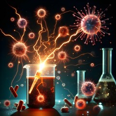 Electrical sparks in biochemistry beaker and micro-organisms  bacteria germs viruses around beaker,...