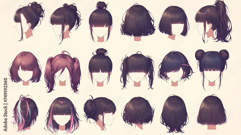 Poster set of cute anime girl hairstyles