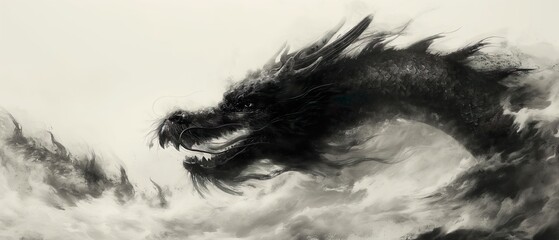 Obraz premium Black Dragon Drawn With Black Ink. Illustration On The Theme Of History And Religion, Mysticism And Drawing. Generative AI 