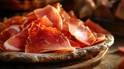Wooden Cutting Board With Sliced Jamon, Farm Fresh Ham