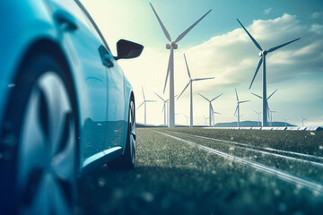 Blue Car Driving Next to Wind Turbines on a Road