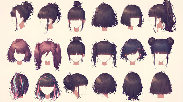 set of cute anime girl hairstyles