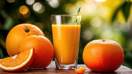 Freshly squeezed orange juice in a glass against the background of blurred green trees, soft drink with vitamin C, vegetarianism, orange juice for breakfast, healthy lifestyle,