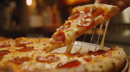 A pepperoni pizza slice being lifted, showcasing the cheese pull and the crispy edge of the thin...