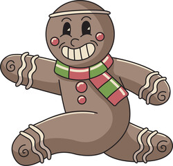 retro vintage mascot illustration of a cartoon funny jumping gingerbread man with a knitted Christmas scarf vector