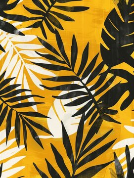 A vibrant yellow background featuring a pattern of bold black and white leaves scattered across the frame. © pham