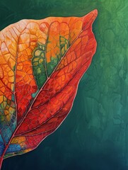 A detailed painting of a leaf on a vibrant green background, showcasing intricate veining and textures of the leaf against the solid backdrop.