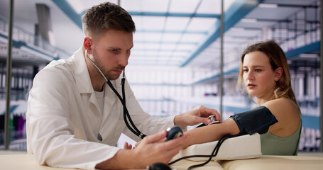 Male Doctor Checking Pregnant Woman Blood Pressure