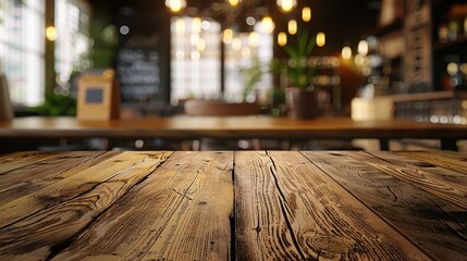 Wooden board empty table in front of blurred background. Perspective brown wood over blur in coffee shop 