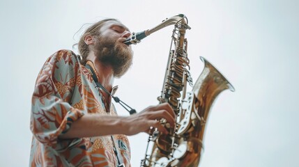 Man playing the saxophone with energy and intensity, against a white backdrop, background image, generative AI - obrazy, fototapety, plakaty