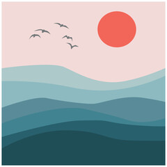Vector illustration of a seascape. Interior poster, sunset and ocean and seagulls above it.