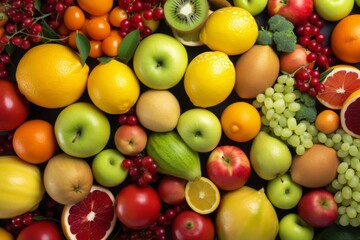 Naklejka na ściany i meble Fresh fruits assorted fruits colorful background.Vitamins natural nutrition concept.