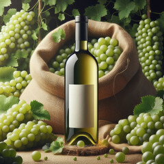 A bottle of white wine sitting in a sea grapes and harvest of hessian bags filled with fruit