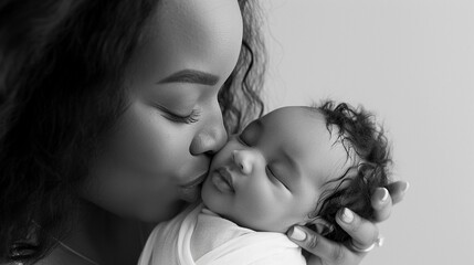 Mother gently kissing her newborn baby's forehead or cheek, with a smile on her face and eyes filled with adoration, background image, generative AI