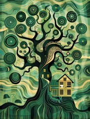 A painting showcasing a tree with a house perched on its branches, depicting a whimsical and unconventional scene.