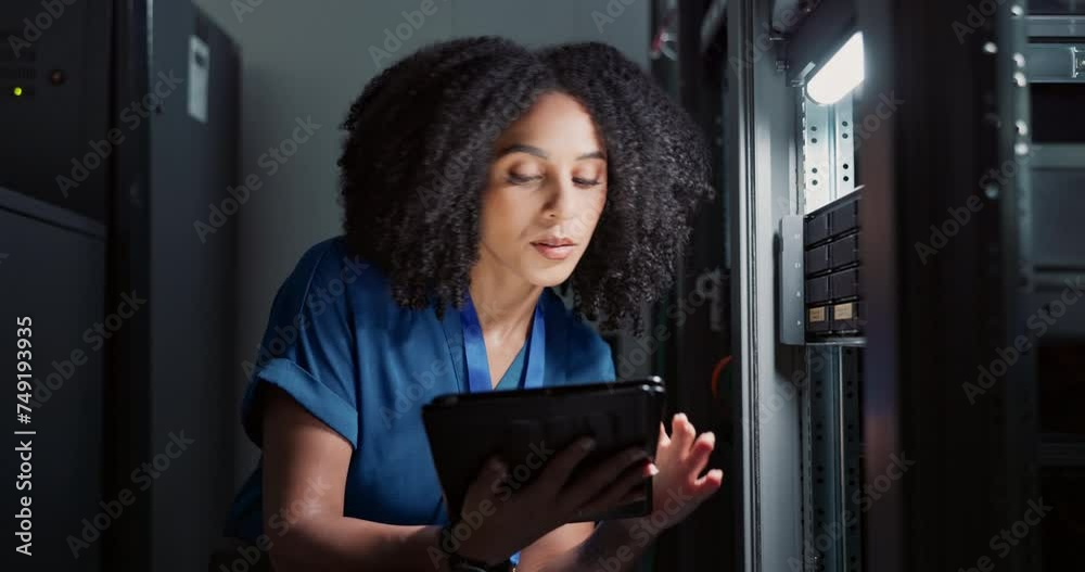 Poster check, engineer and woman on tablet in data center for cyber security, inspection or update database