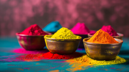 Close-up of vibrant colorful Gulal pigment powders in Indian traditional bowls on a blurred green and red background. Front view. - obrazy, fototapety, plakaty