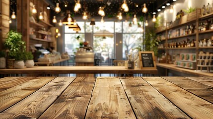Fototapeta premium Wooden board empty Table Top And Blur Interior over blur in coffee shop Background