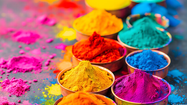 Close-up of vibrant colorful Gulal pigment powders in Indian traditional bowls on a blurred background. Top view.