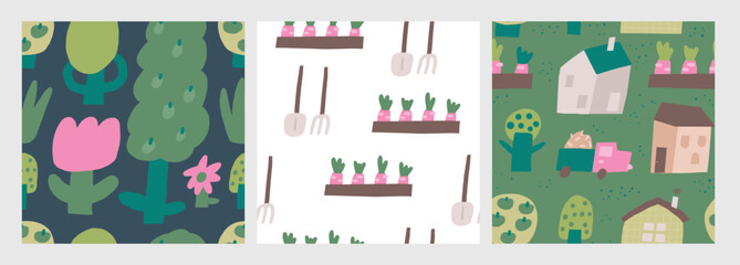 Cute farm, village, countryside theme seamless patterns set. Funny hand drawn doodle repeatable pattern with flower, plants, tree, houses, carrot. Rural life background with farm animals