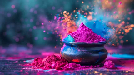 Foto op Plexiglas Vibrant colorful purple and pink Gulal pigment powders in a bowl on blurred splashing background with copy space for text. Front view. © Kanlayarawit