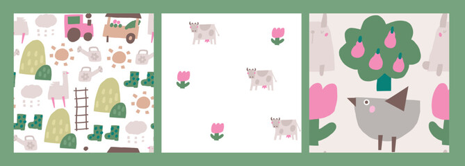 Cute farm, village, countryside theme seamless patterns set. Funny hand drawn doodle repeatable pattern with bird, fruit tree, flower, rabbit, bunny, cow, goose. Rural life background with farm animal