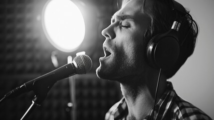A man wearing headphone while singing in front of microphone against clean white background, background image, generative AI