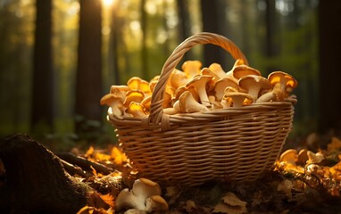 Chanterelle mushrooms in a wicker basket on wooden background