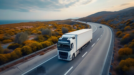 Obraz premium White European semitruck is seen from the sky on a highway backed by vegetation. Neural network generated image. Not based on any actual scene or pattern.