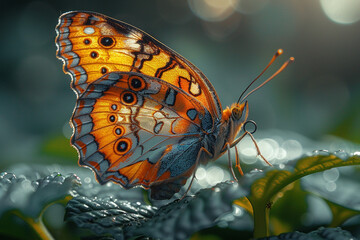 Closeup shot of butterfly on green leaf. Created with Ai