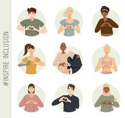 International Women's Day poster. Inspire inclusion 2024. Different people hold their hands in the shape of a heart. Vector illustration with different people. People of different nationalities.