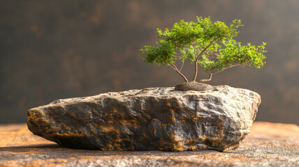 A bonsai tree is planted in a rock, which is floating in the air. The background is dark brown.