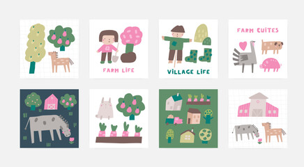 Farm animals, objects compositions set. Cute hand drawn doodle sweet horse, turkey, donkey, girl farmer, rabbit, scarecrow, pig, trees. Card, postcard, t shirt print, cover, poster with funny animal f