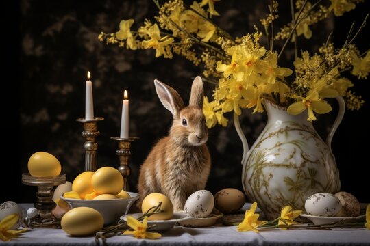 Colorful easter eggs and adorable rabbits in beautiful catkin nest on rustic wooden table