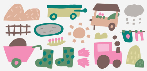 Farm, rural objects, clip art set. Cute hand drawn doodle tractor, rubber boots, hay stack, pond, garden gloves, market tent, wheelbarrow, sun, cloud, cart. Items, icons in children style for kids