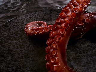 Tentacles of boiled octopus on black plate background. Gourmet, restaurant dish.