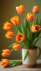 Orange Tulips, Vase, Table, Flowers, Floral, Decoration,, Decor, Garden, Bloom, Petals, Spring, AI Generated
