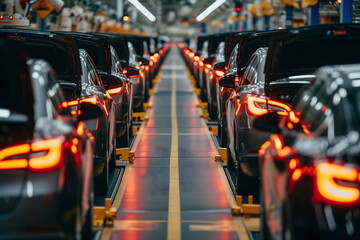Black cars on the conveyor in factory during leas stages of manufacturing. Neural network generated image. Not based on any actual scene or pattern. - obrazy, fototapety, plakaty