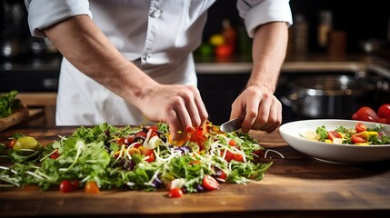 Closeup of male hands cooking salad in the kitchen