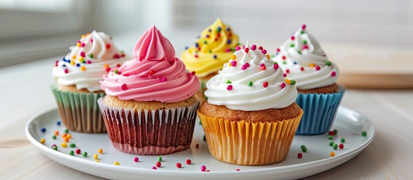 A white plate filled with homemade cupcakes topped with colorful frosting and sprinkles, creating a mouth-watering display of tempting treats ready to be enjoyed.